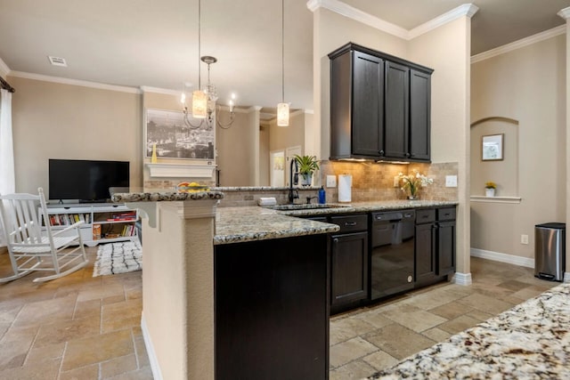 10033 Longhorn Skwy, Dripping Springs, TX 78620 - kitchen featuring black dishwasher, stone tile flooring, a sink, light stone countertops, and backsplash