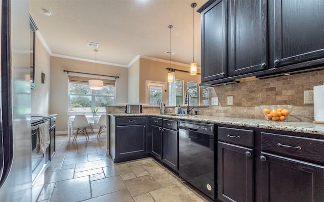 10033 Longhorn Skwy, Dripping Springs, TX 78620 - kitchen with appliances with stainless steel finishes, crown molding, backsplash, stone tile flooring, and a sink
