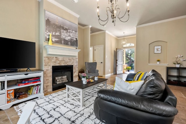 10033 Longhorn Skwy, Dripping Springs, TX 78620 - living room with a chandelier, ornamental molding, a tile fireplace, and baseboards
