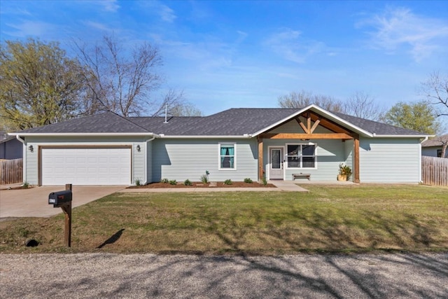 ranch-style house with an attached garage, driveway, a front lawn, and fence