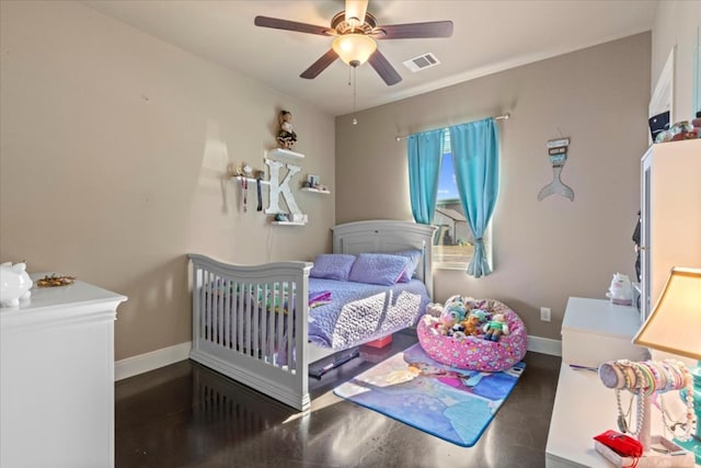 bedroom featuring visible vents, a ceiling fan, and baseboards