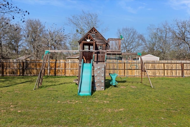 view of jungle gym with a lawn and a fenced backyard