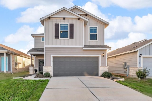 craftsman house with board and batten siding, concrete driveway, a garage, and stone siding