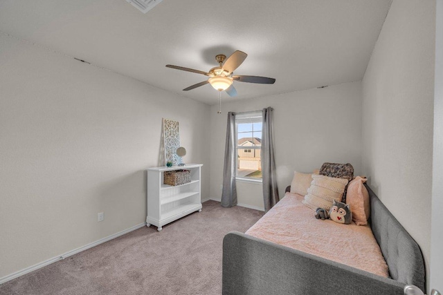 bedroom featuring light carpet, visible vents, ceiling fan, and baseboards