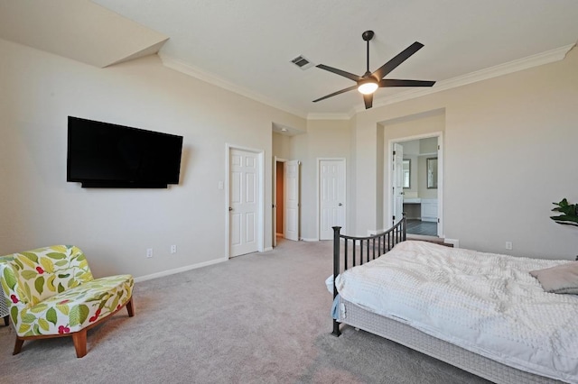 carpeted bedroom featuring visible vents, ceiling fan, baseboards, and ornamental molding