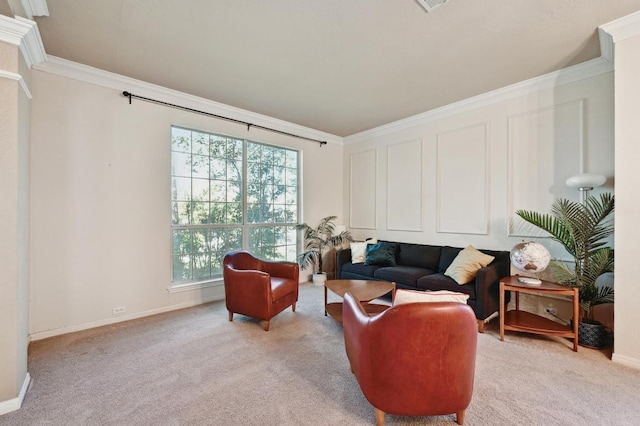 living room with light colored carpet, crown molding, and baseboards
