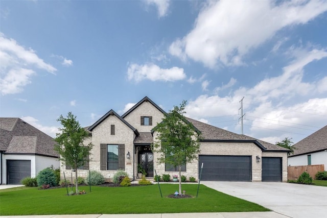 french country home featuring a front lawn, fence, a garage, stone siding, and driveway