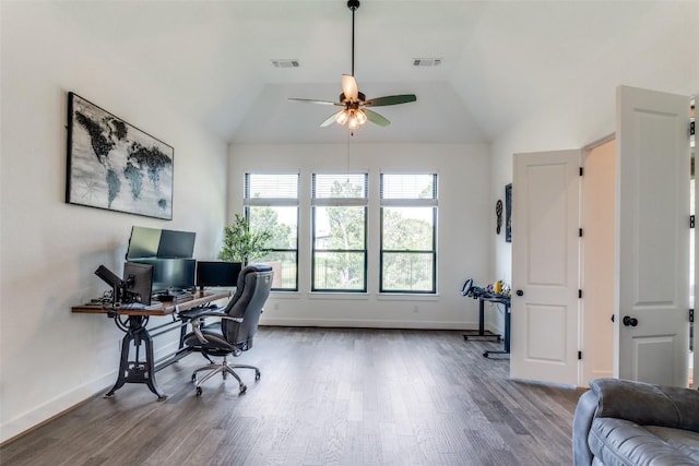 22306 Cape Travis Bnd, Lago Vista, TX 78645 - office area featuring visible vents, wood finished floors, ceiling fan, and vaulted ceiling