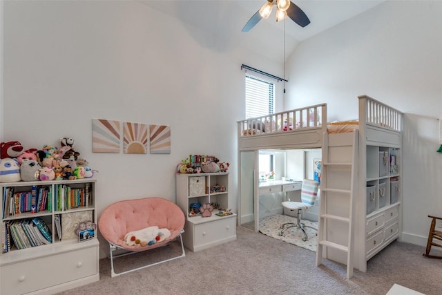 22306 Cape Travis Bnd, Lago Vista, TX 78645 - carpeted bedroom featuring a ceiling fan, baseboards, and high vaulted ceiling