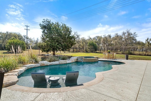 view of pool with a patio area, a fenced backyard, and a pool with connected hot tub