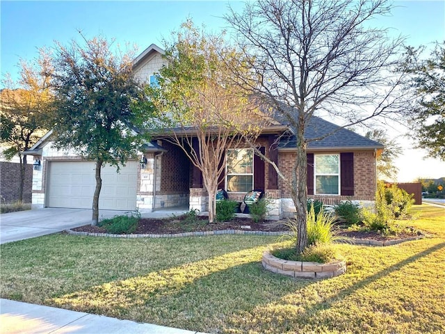 view of front of house with a front yard, an attached garage, covered porch, and driveway