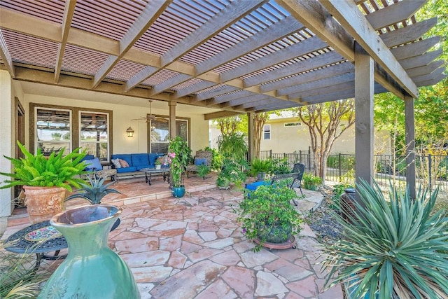 214 Apache Mountain Ln, Georgetown, TX 78633 - view of patio / terrace with a pergola, fence, a ceiling fan, and outdoor lounge area