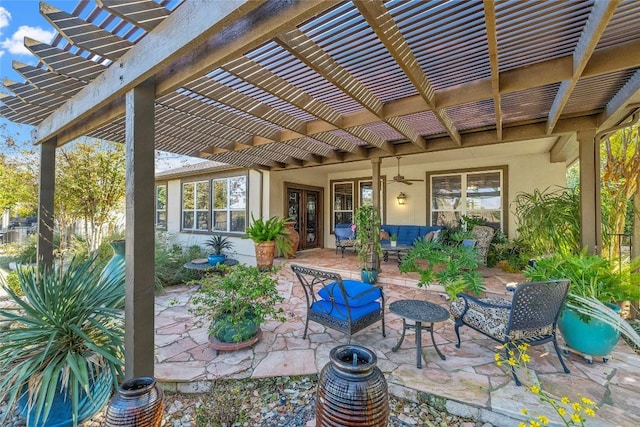 214 Apache Mountain Ln, Georgetown, TX 78633 - view of patio with an outdoor living space, ceiling fan, french doors, and a pergola
