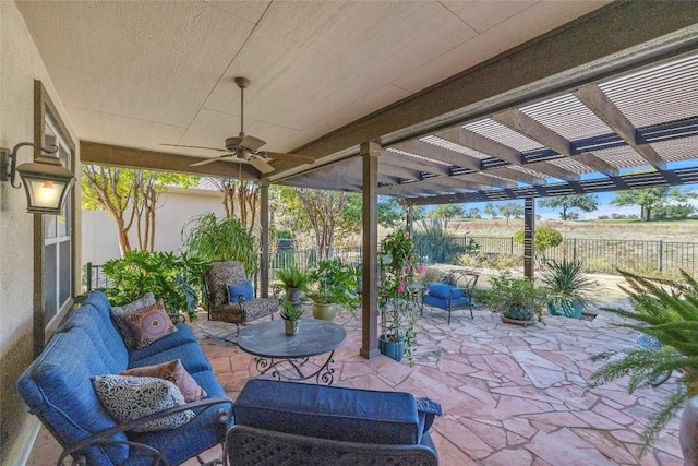 214 Apache Mountain Ln, Georgetown, TX 78633 - view of patio with a fenced backyard, a ceiling fan, outdoor lounge area, and a pergola