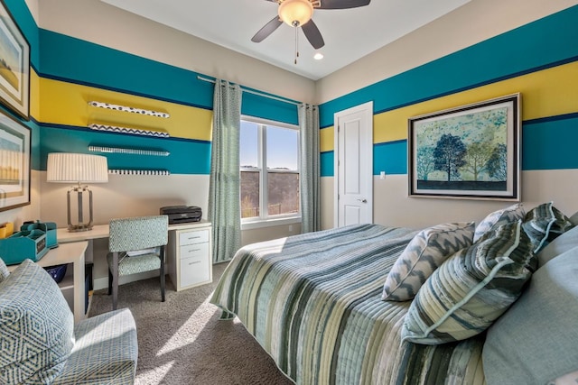 bedroom featuring recessed lighting, carpet floors, and ceiling fan