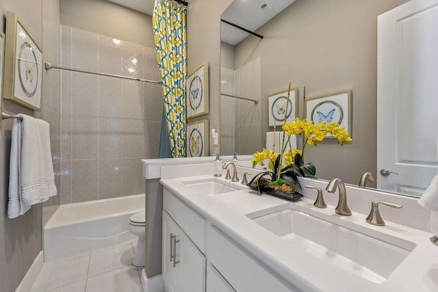 bathroom with a sink, shower / bathtub combination with curtain, toilet, and tile patterned flooring