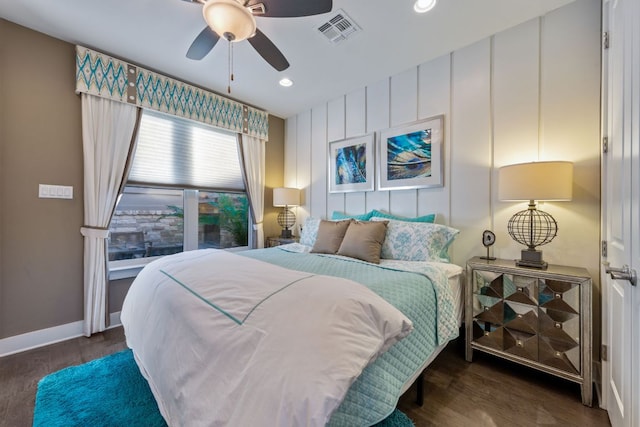 bedroom with visible vents, wood finished floors, recessed lighting, baseboards, and ceiling fan