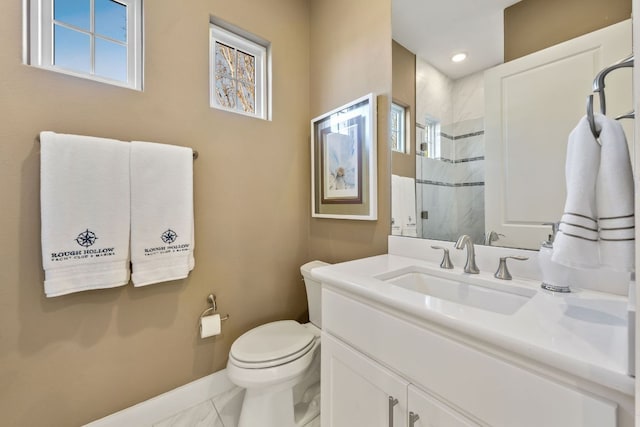 full bath featuring toilet, a shower, marble finish floor, and a healthy amount of sunlight