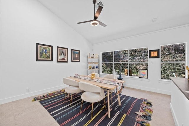 203 Golf Crest Ln, Lakeway, TX 78734 - home office featuring a ceiling fan, baseboards, and high vaulted ceiling