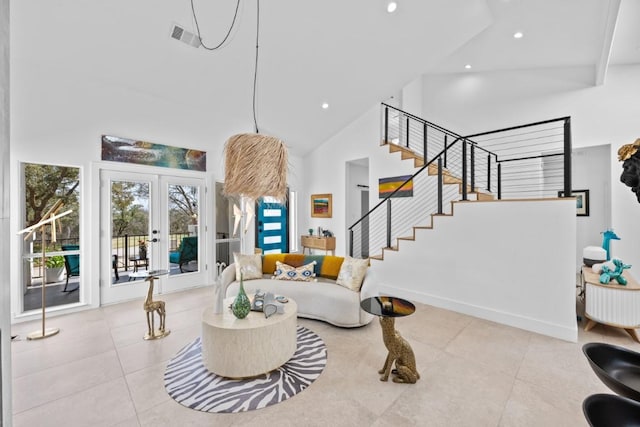 203 Golf Crest Ln, Lakeway, TX 78734 - living room with high vaulted ceiling, tile patterned flooring, french doors, stairway, and recessed lighting