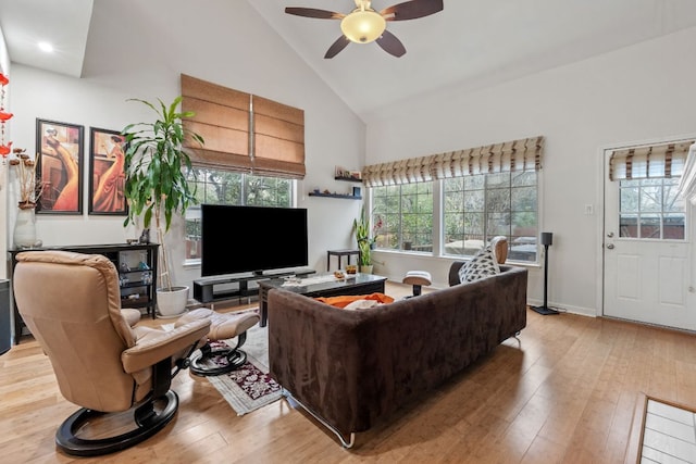 10914 Sierra Oaks, Austin, TX 78759 - living area featuring a ceiling fan, light wood finished floors, high vaulted ceiling, and recessed lighting