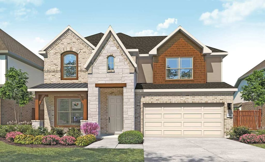 view of front of property with fence, concrete driveway, a garage, stone siding, and brick siding