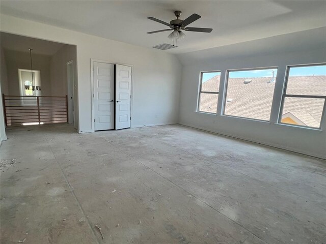 unfurnished bedroom with visible vents, ceiling fan, a closet, and unfinished concrete flooring