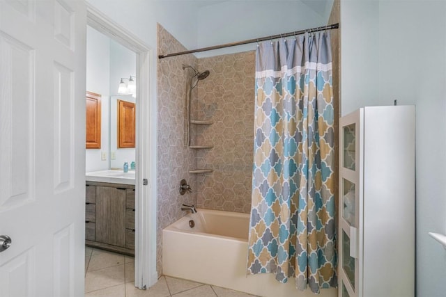 full bathroom with shower / bath combo, vanity, and tile patterned flooring