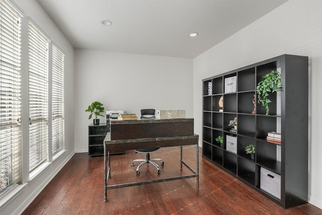 home office with recessed lighting, baseboards, and wood finished floors