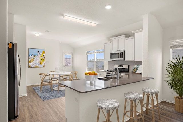 kitchen with vaulted ceiling, light wood-style flooring, appliances with stainless steel finishes, and a sink