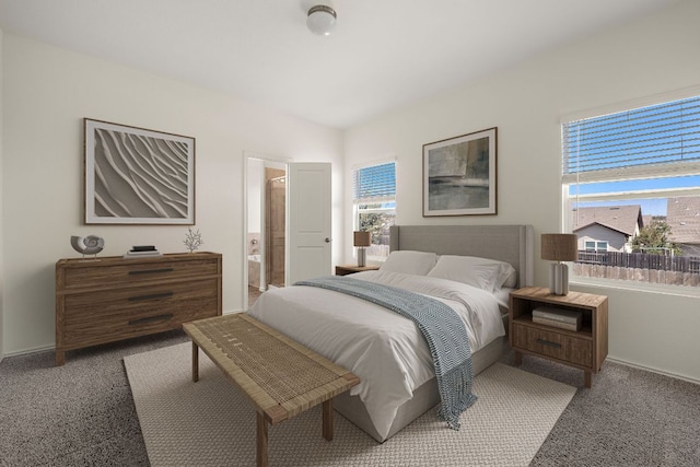 carpeted bedroom with multiple windows and ensuite bath