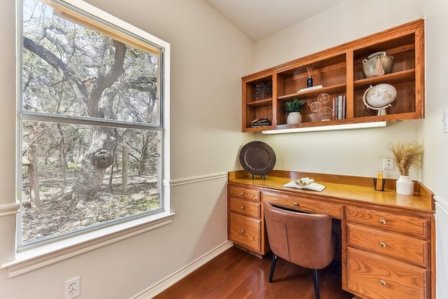 office space with baseboards, dark wood-style flooring, and built in desk