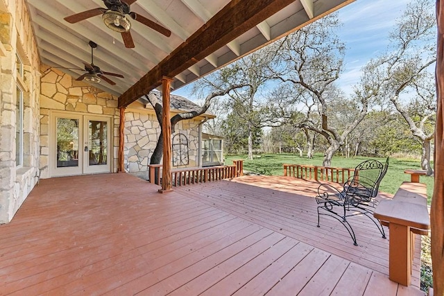 wooden terrace with french doors and ceiling fan