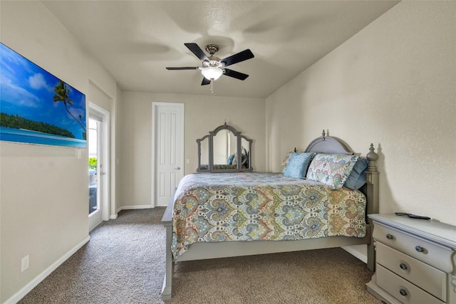 carpeted bedroom with baseboards and ceiling fan