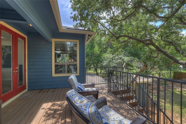 wooden terrace featuring french doors