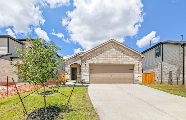 585 Tailwind Dr, Kyle, TX 78640 - view of front of home featuring concrete driveway, a garage, a front lawn, and brick siding