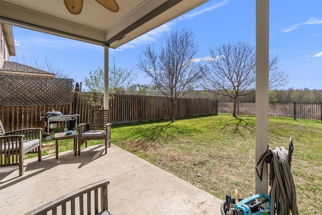 18037 Basket Flower Bnd, Elgin, TX 78621 - fenced backyard with a ceiling fan and a patio area