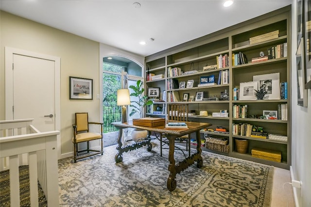 carpeted home office with recessed lighting and baseboards