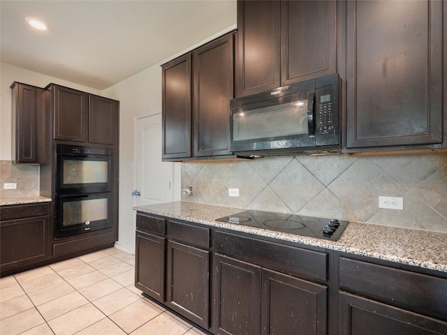 670 Landon Samuel Loop, Pflugerville, TX 78660 - kitchen featuring black appliances, dark brown cabinetry, light tile patterned floors, tasteful backsplash, and light stone countertops