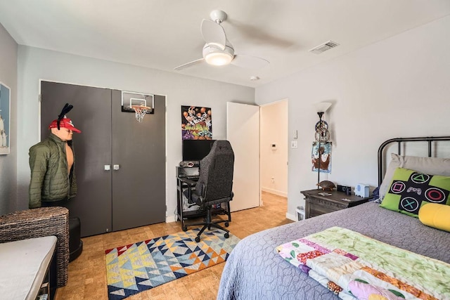 bedroom featuring visible vents, a closet, and a ceiling fan