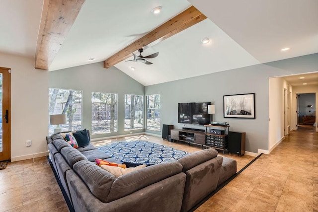 living area featuring beamed ceiling, high vaulted ceiling, recessed lighting, baseboards, and ceiling fan