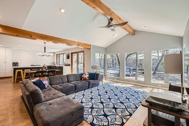 living room featuring beam ceiling, recessed lighting, ceiling fan with notable chandelier, and high vaulted ceiling