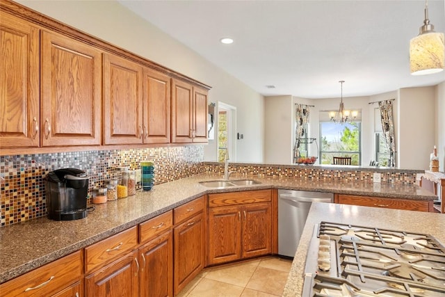 149 Colovista Dr, Bastrop, TX 78602 - kitchen featuring dishwasher, brown cabinets, decorative backsplash, stone counters, and recessed lighting