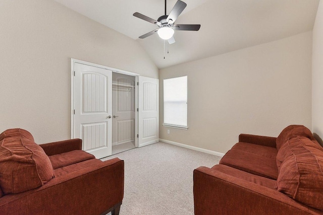 2812 Prosperity, Leander, TX 78641 - living room with lofted ceiling, light colored carpet, ceiling fan, and baseboards