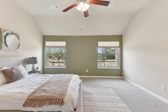 2812 Prosperity, Leander, TX 78641 - carpeted bedroom featuring vaulted ceiling, multiple windows, baseboards, and a ceiling fan