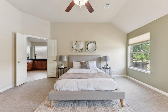2812 Prosperity, Leander, TX 78641 - bedroom featuring light colored carpet, baseboards, vaulted ceiling, ensuite bath, and ceiling fan