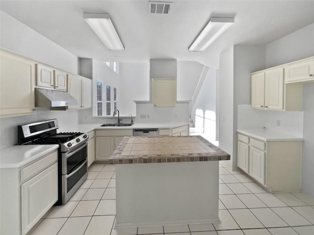 2119 Simbrah Dr, Cedar Park, TX 78613 - kitchen with appliances with stainless steel finishes, under cabinet range hood, a sink, a kitchen island, and light tile patterned floors