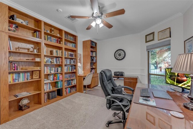 201 Lasso, Horseshoe Bay, TX 78657 - carpeted office with ornamental molding, a ceiling fan, and wainscoting