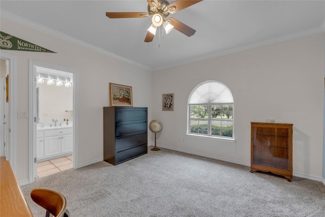 201 Lasso, Horseshoe Bay, TX 78657 - living area with light colored carpet, crown molding, and ceiling fan