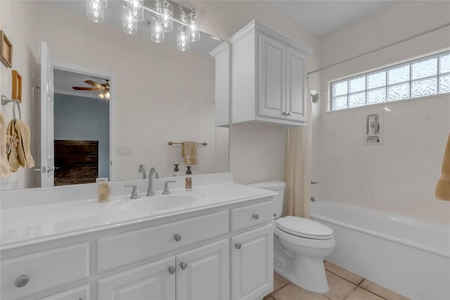 201 Lasso, Horseshoe Bay, TX 78657 - bathroom featuring vanity, shower / bathtub combination with curtain, tile patterned flooring, and a ceiling fan